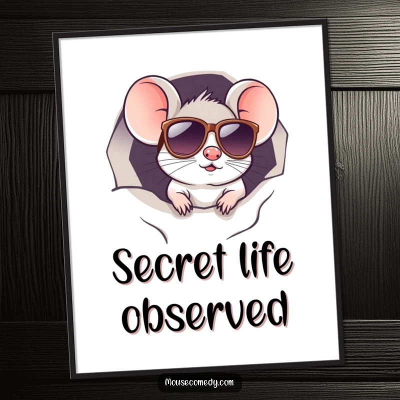 Funny kawaii mouse in sunglasses, peeking from a hole, creating a cool vibe. Perfect funny gift for walls.