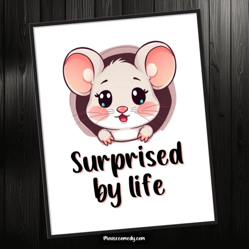 Funny Kawaii Surprised Mouse Poster: Artwork of a mouse with a surprised expression peeking from a tiny hole.