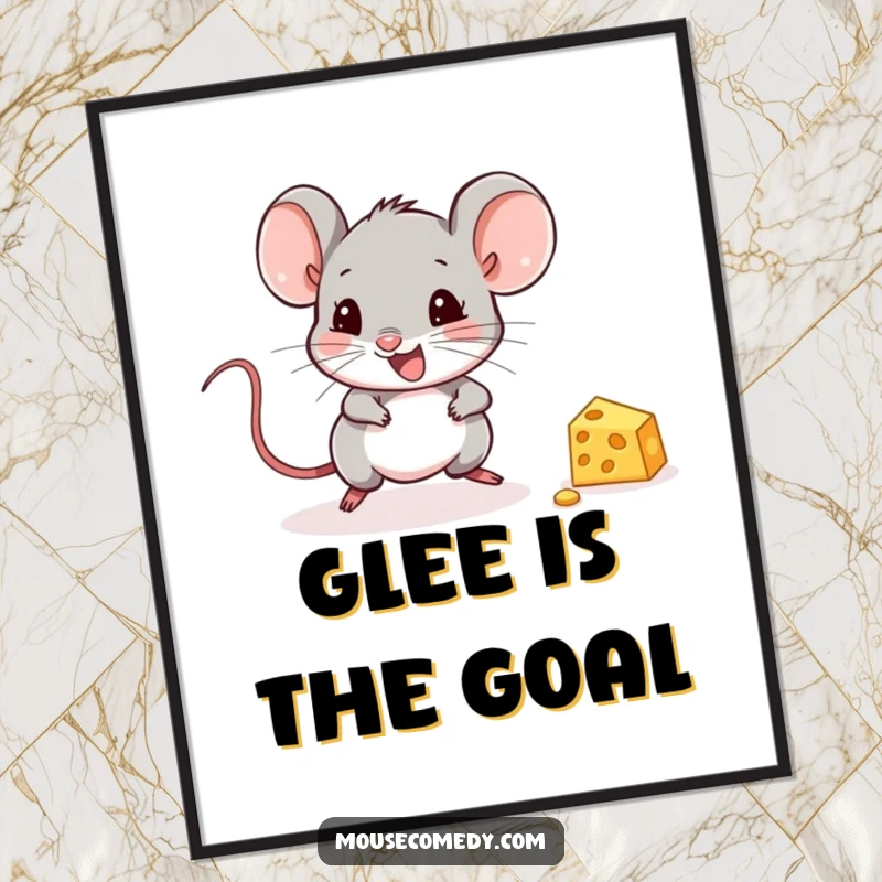 Funny Mouse Poster: An adorable mouse joyfully pursuing a tiny piece of cheese, whimsical wall art.