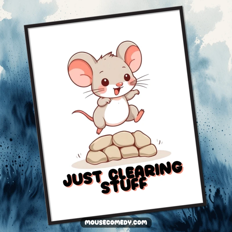 Funny Mouse Poster: A playful mouse captured mid-leap, jumping over a small obstacle with energetic flair.