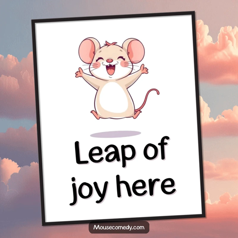 Funny mouse poster showing a dynamic, joyful mouse mid-leap, high-energy pose, paws in the air, bringing a sense of fun and celebration.