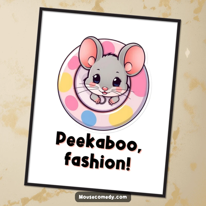 Funny poster print of a mouse cautiously peeking from behind a large, vibrant button, creating a scene of playful mystery.