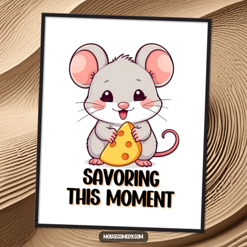 Funny poster showing a kawaii mouse looking incredibly pleased while holding a small cheese wedge, a delightful piece of art for cheese fans.