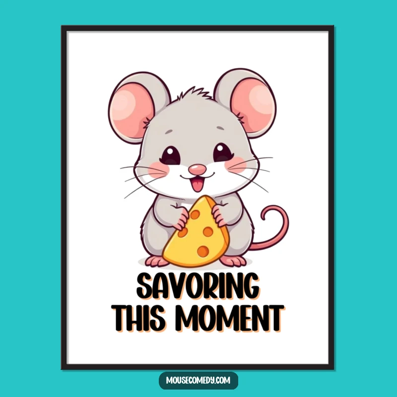 Funny Kawaii Mouse Poster: Cheese Bliss Art - Adorable Wall Decor Gift!