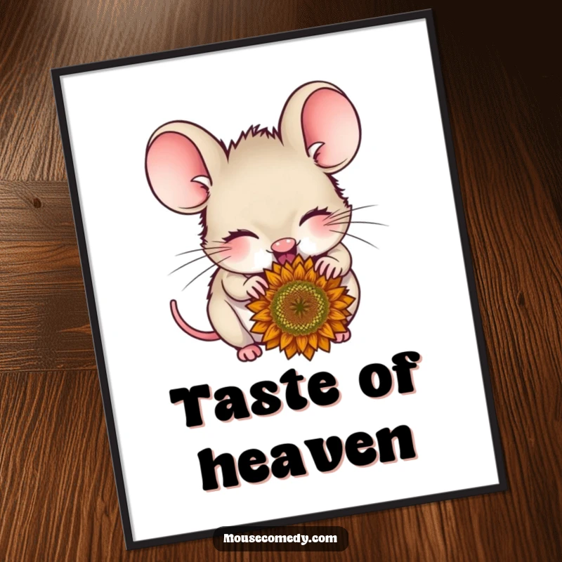 Funny delighted mouse poster, depicting a small mouse with closed eyes contentedly eating a sunflower seed, radiating simple happiness.