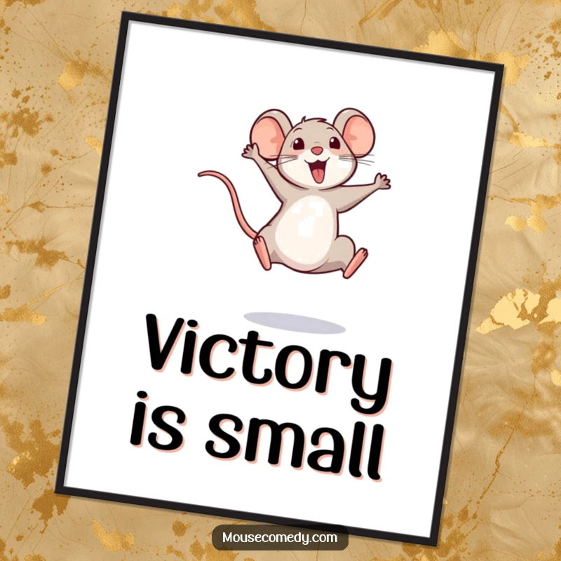 Funny poster art of a small mouse captured mid-leap, celebrating a personal victory with its tail held high.