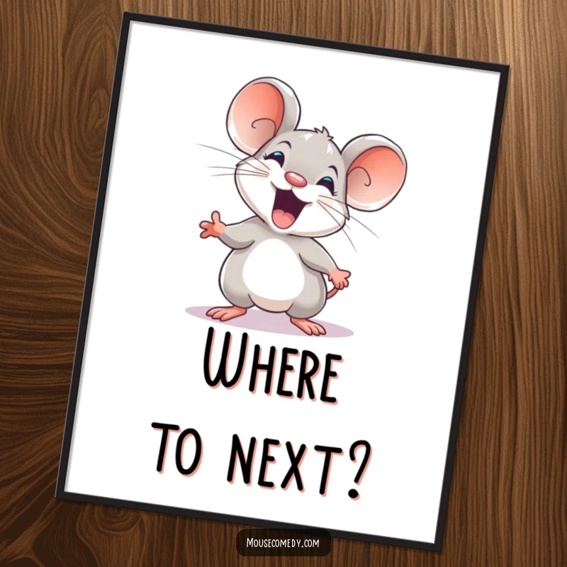 Funny poster art of a small, excited mouse with bright eyes, poised to explore its surroundings with great enthusiasm.