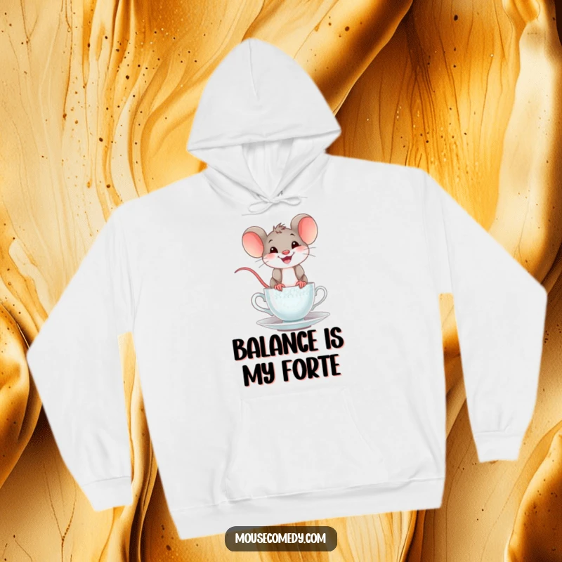 Funny mouse teacup hoodie featuring a happy mouse with a wide, cheerful grin balancing on the rim of a teacup, designed for warmth and humor.