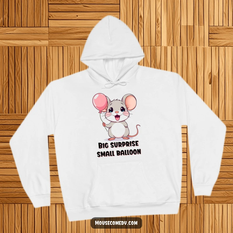 Funny kawaii mouse hoodie, depicting a mouse with comically wide eyes and an open mouth, holding a tiny balloon in surprise.