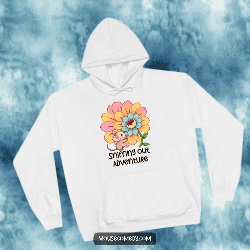 Funny kawaii mouse looking up in wonder at a gigantic, colorful flower, printed on a soft hoodie for cozy, humorous wear.