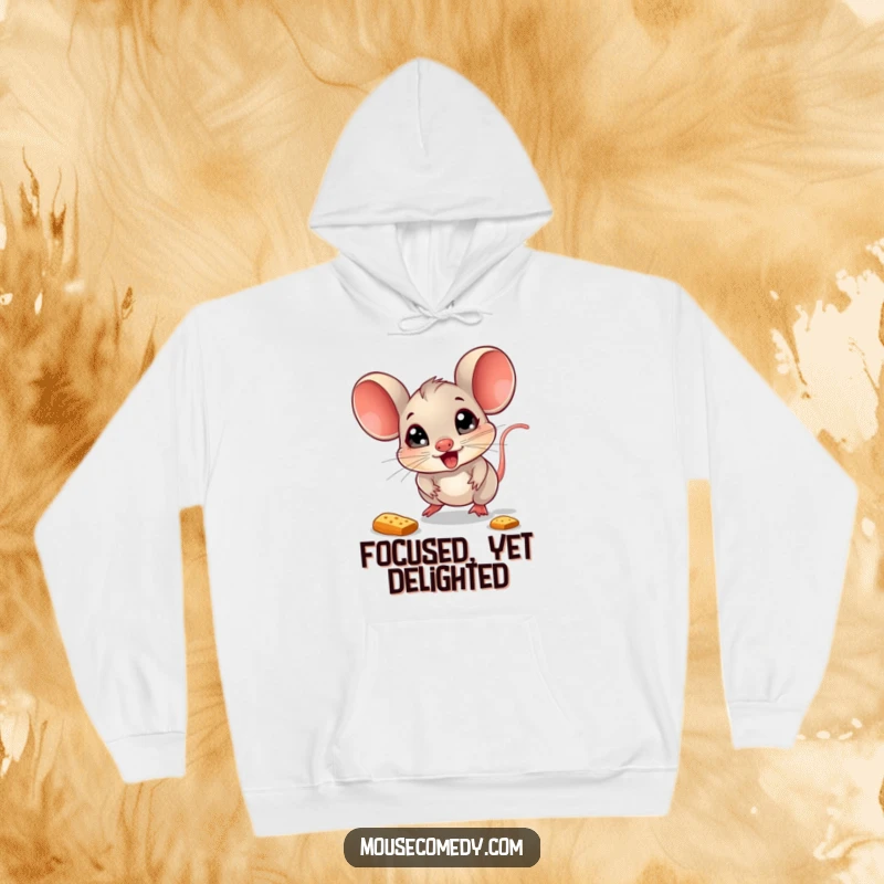 Funny Mouse Hoodie: A cute mouse with sparkling eyes gleefully chases a bouncing crumb, radiating pure joy and fun.