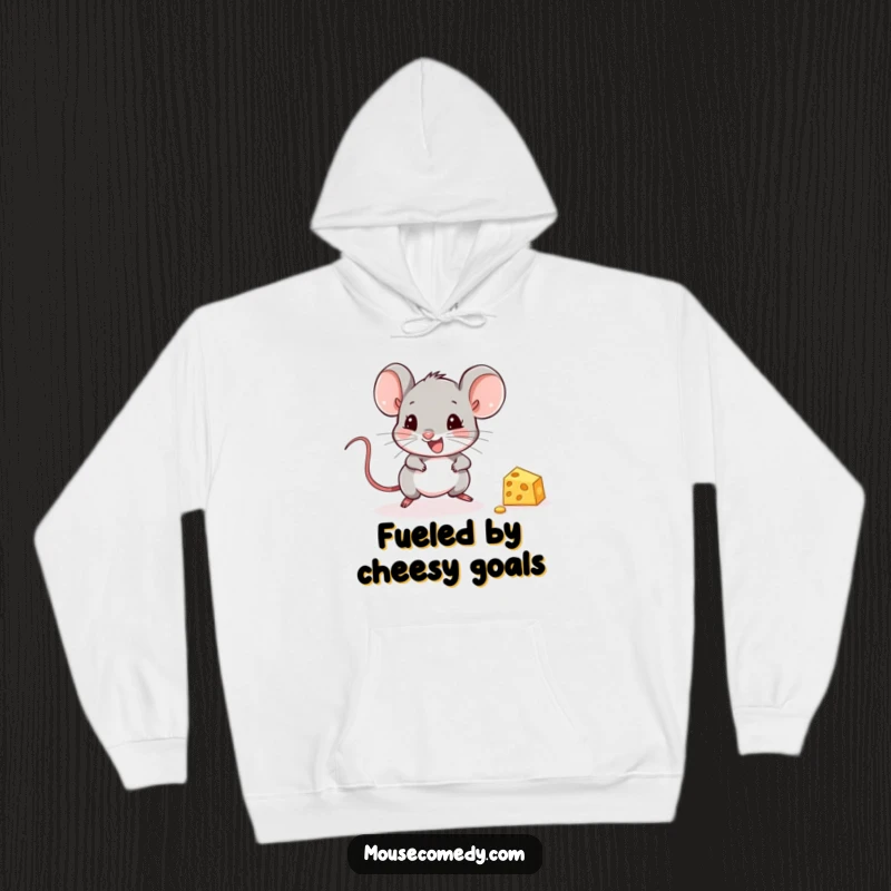 Funny Mouse Hoodie: A cute mouse joyfully chasing cheese, offering cozy warmth and humorous vibes.