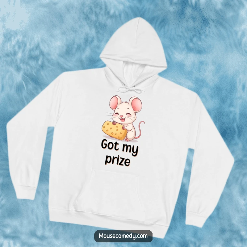 Funny Mouse Hoodie: A joyful mouse with twitching whiskers holds a large crumb, offering cozy comfort and happiness.