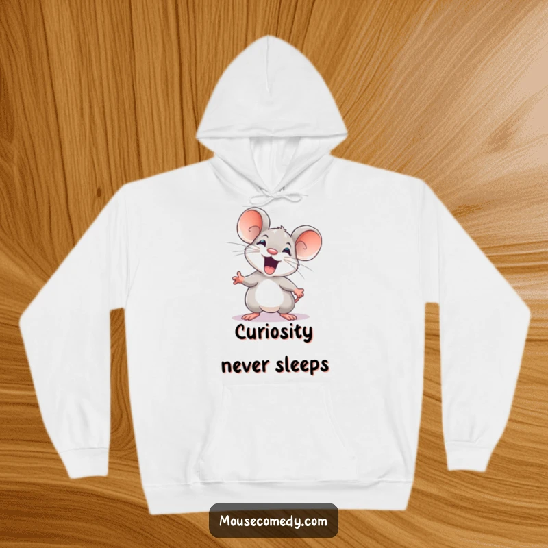 Funny hoodie designed with an energetic mouse brimming with excitement and readiness to discover new places.