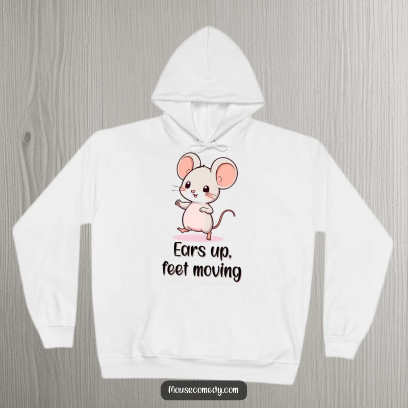 Funny Kawaii Mouse Hoodie: a cute mouse with big ears, doing a quick dance, offering comfort and playful vibes.