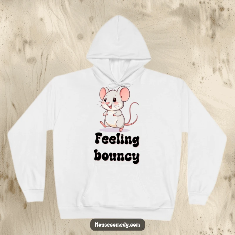 Funny mouse hoodie depicting a happy mouse doing a little hop with its tail wagging wildly, conveying pure bliss.