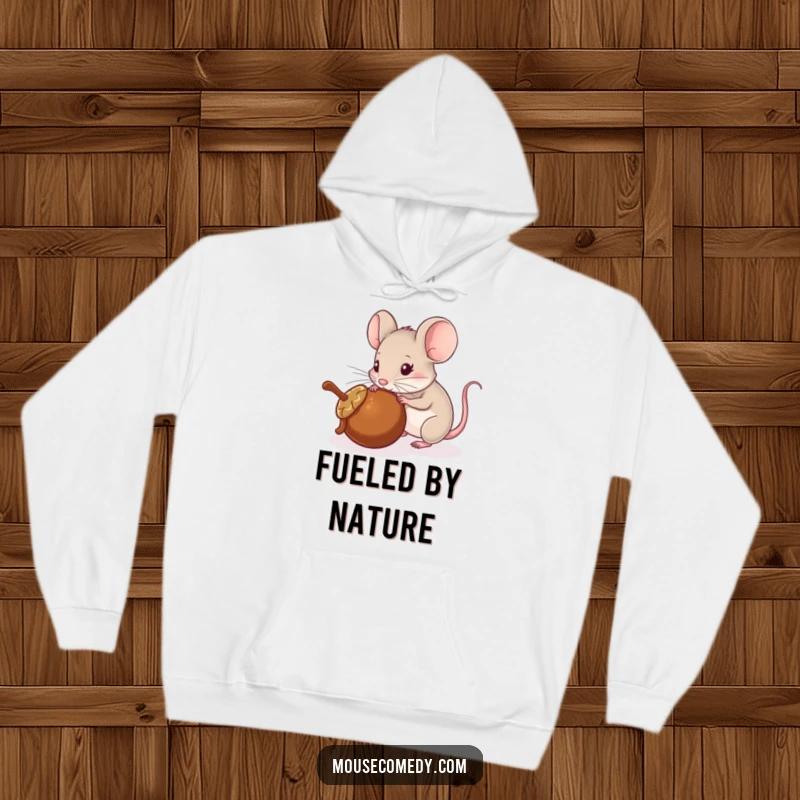 Funny hoodie graphic of a mouse playfully shoving a rolling acorn with its nose, illustrating focused energy and a sense of purpose.