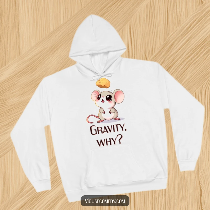 Funny mouse hoodie featuring a mouse with large, captivating eyes gazing intently upwards at a floating crumb.