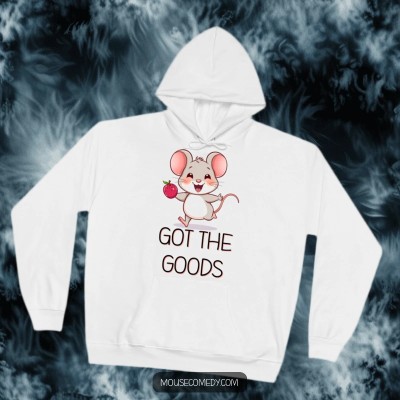 Funny mouse hoodie depicting a cheerful mouse with a joyful squeak, running enthusiastically with a ripe berry, looking ecstatic.