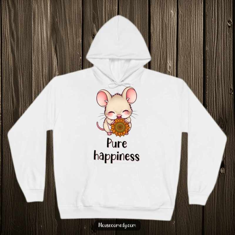 Funny delighted mouse hoodie, with closed eyes, munching on a sunflower seed, offering warmth and a happy vibe.