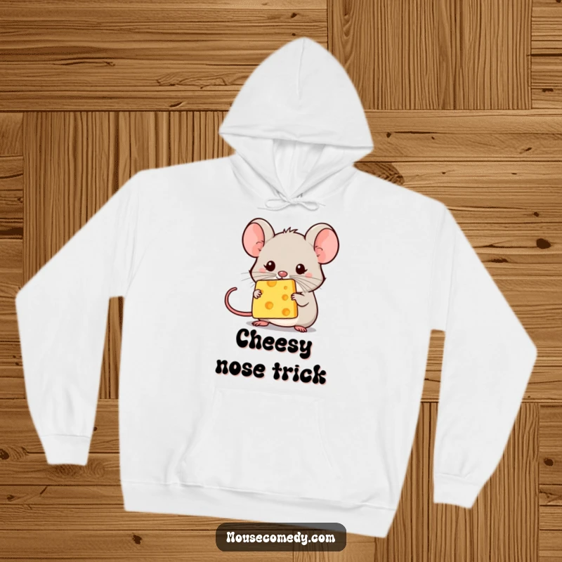 Funny kawaii mouse balancing a minuscule cheese speck on its nose, with intense focus. Cozy and funny gift.