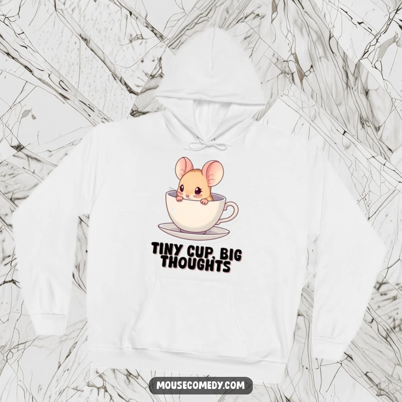 Funny kawaii mouse peeking from inside a miniature teacup, featured on a warm, comfortable hoodie.