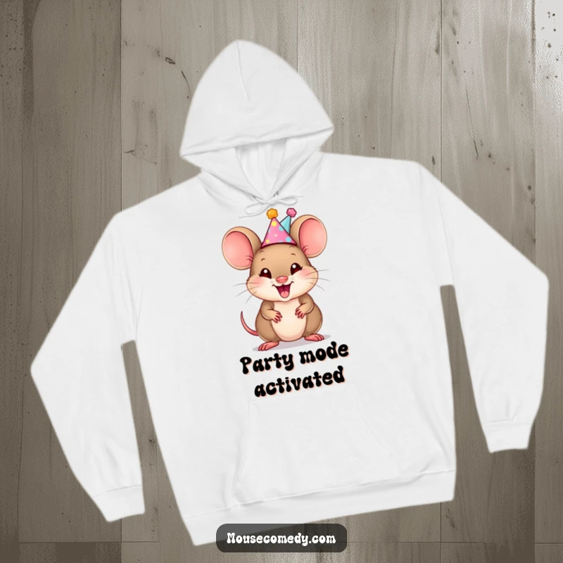 Funny Mouse Cub Hoodie: A warm hoodie depicting a smiling mouse cub wearing a party hat and squeaking with genuine excitement.