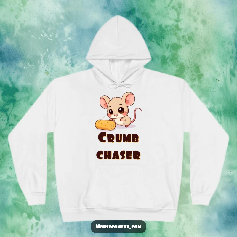 Funny Mouse Hoodie: A soft hoodie showcasing a mouse with incredibly wide eyes, humorously chasing a runaway crumb.