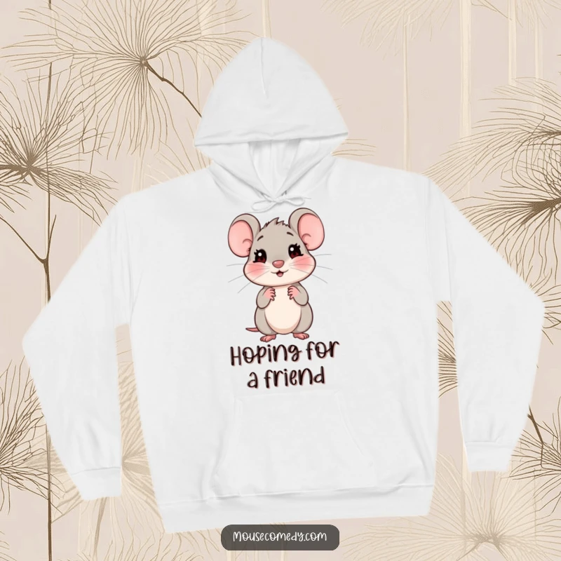 Funny hoodie adorned with a friendly mouse displaying a shy, hopeful, and expectant expression, radiating sweetness.