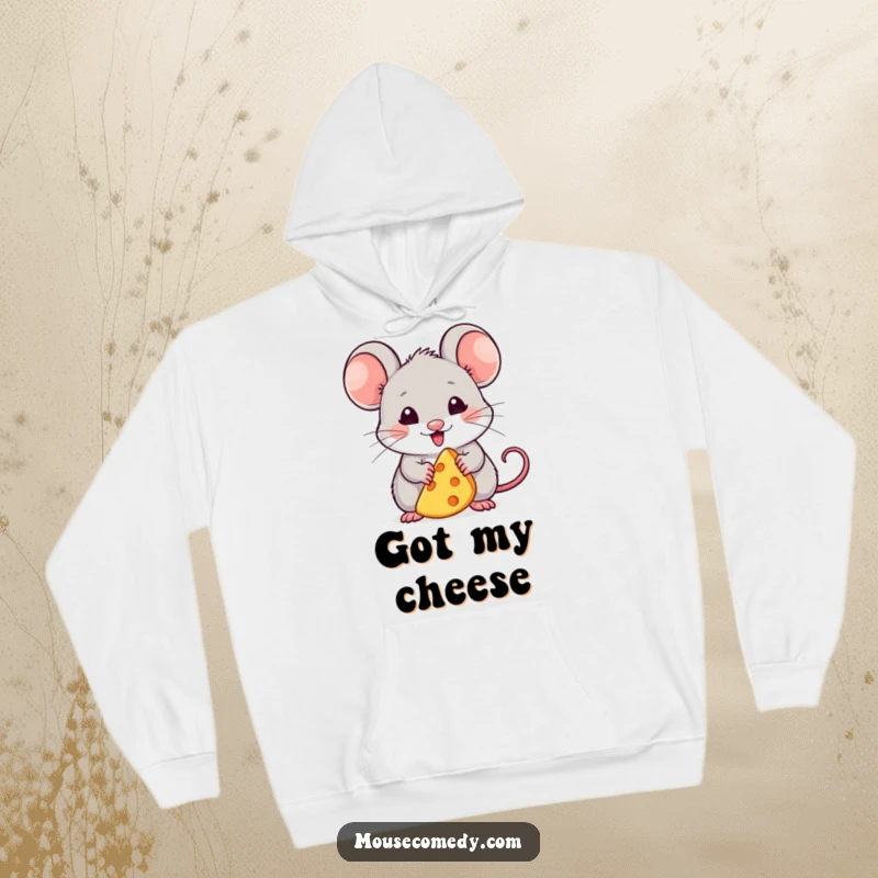 Funny hoodie depicting a kawaii mouse with a tiny cheese wedge, looking incredibly pleased, offering warmth and humorous cheese-themed comfort.