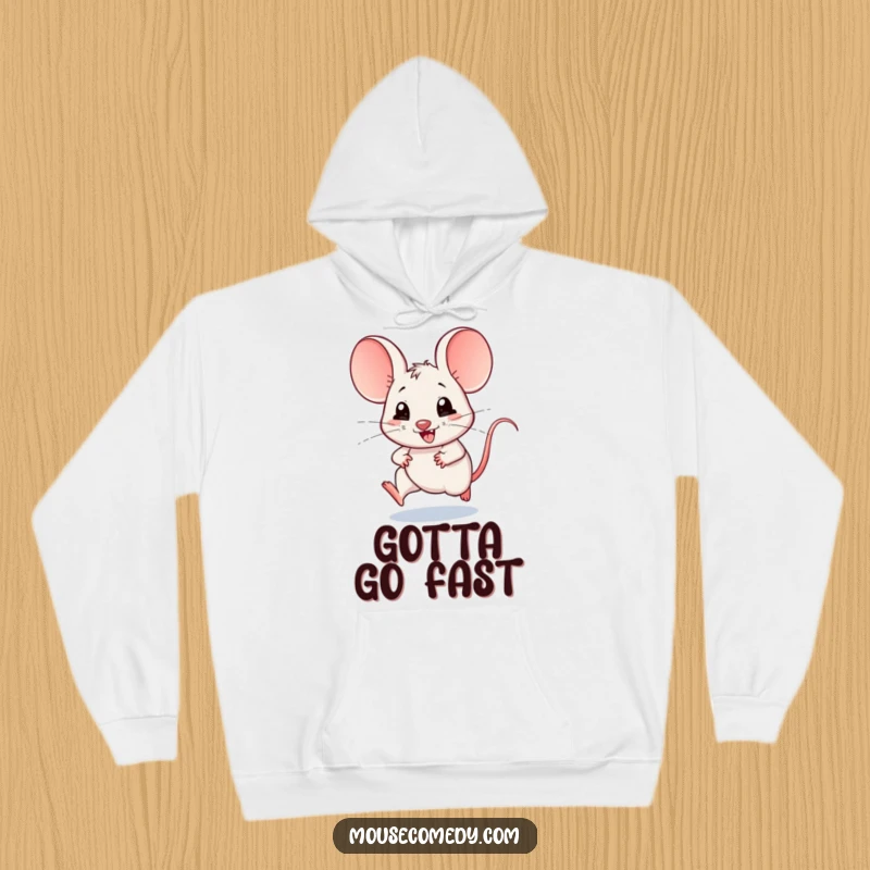 Funny hoodie showing a kawaii mouse with large ears, scampering playfully with immense speed, highlighting its adorable and humorous nature.