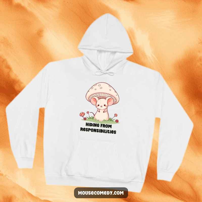 Funny hoodie featuring a shy mouse with a sweet smile, peeking from behind a large, vibrant mushroom.