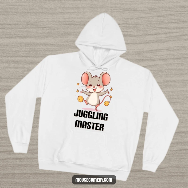 Funny Happy Mouse Hoodie: This warm hoodie displays a mouse character juggling seeds with immense glee, offering comfort and a funny, joyful vibe.