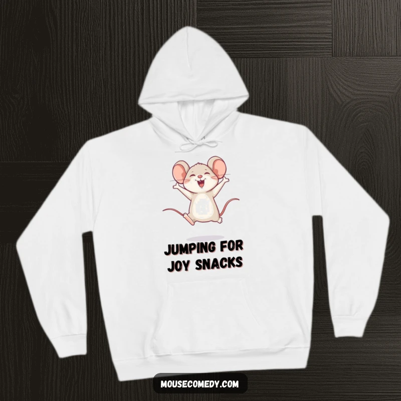 Funny hoodie depicting a happy mouse doing a joyful little leap, offering cozy and cheerful humor.