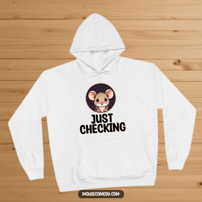 Funny mouse hoodie featuring a curious mouse peeking its head out from a small, round hole, its expression full of wonder.