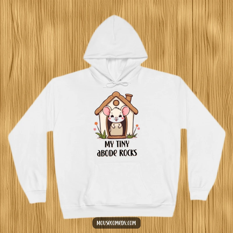 Funny hoodie depicting a smiling mouse peeking from a tiny, welcoming miniature house, radiating warmth and a sense of home.