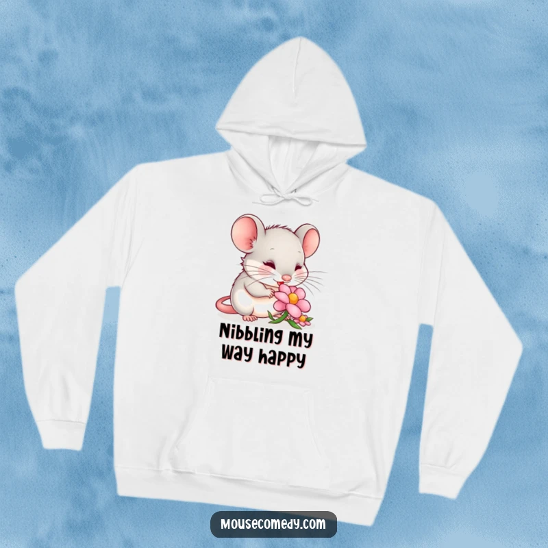 Funny mouse hoodie showcasing a content mouse peacefully nibbling a flower petal, exuding warmth, comfort, and gentle, happy vibes.