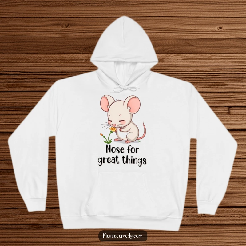 Funny mouse hoodie showing a cute character curiously sniffing a delicate flower, offering warmth and whimsical charm for the wearer.