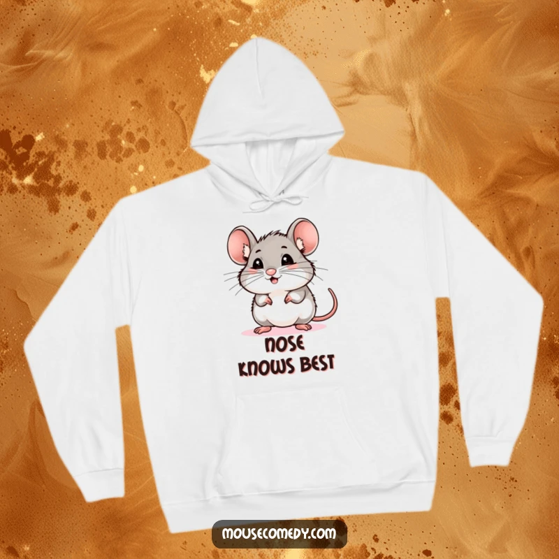 Funny mouse hoodie depicting a cute rodent with alert, twitching whiskers sniffing the air, a warm and humorous funny gift.