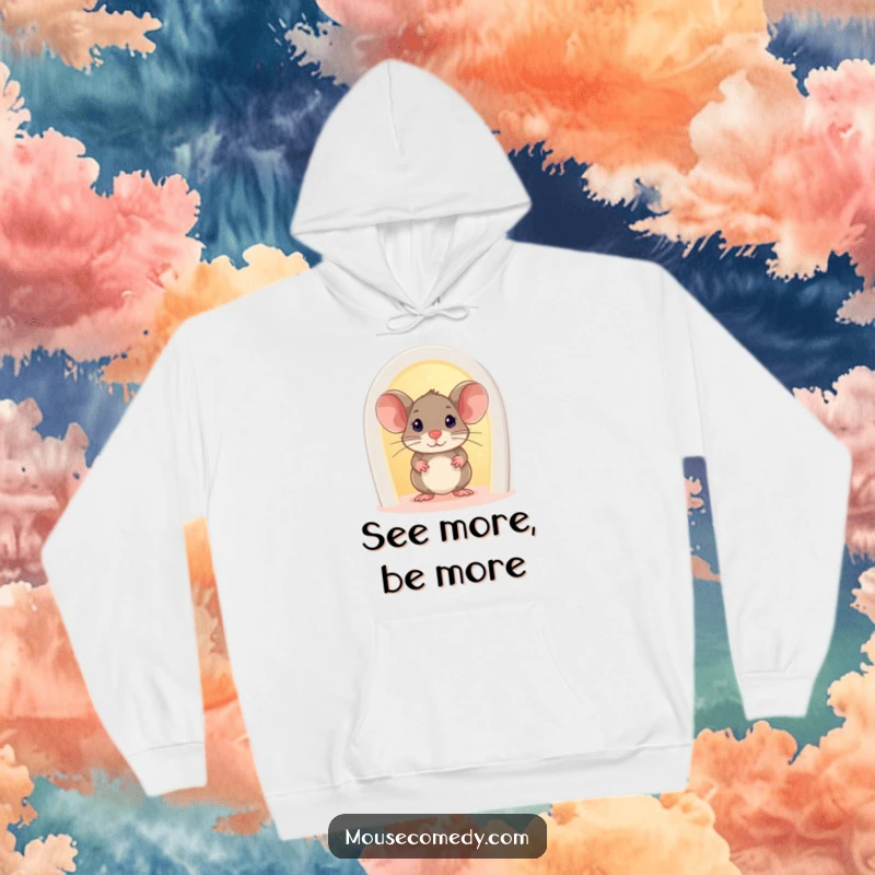 Funny Mouse Hoodie: A cute mouse cautiously peeks from a magical, glowing doorway, inviting exploration and cozy comfort.