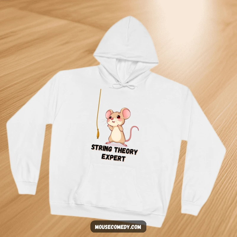 Funny mouse hoodie featuring a cute rodent energetically leaping towards a dangling string, embodying pure playful joy, a warm funny gift.