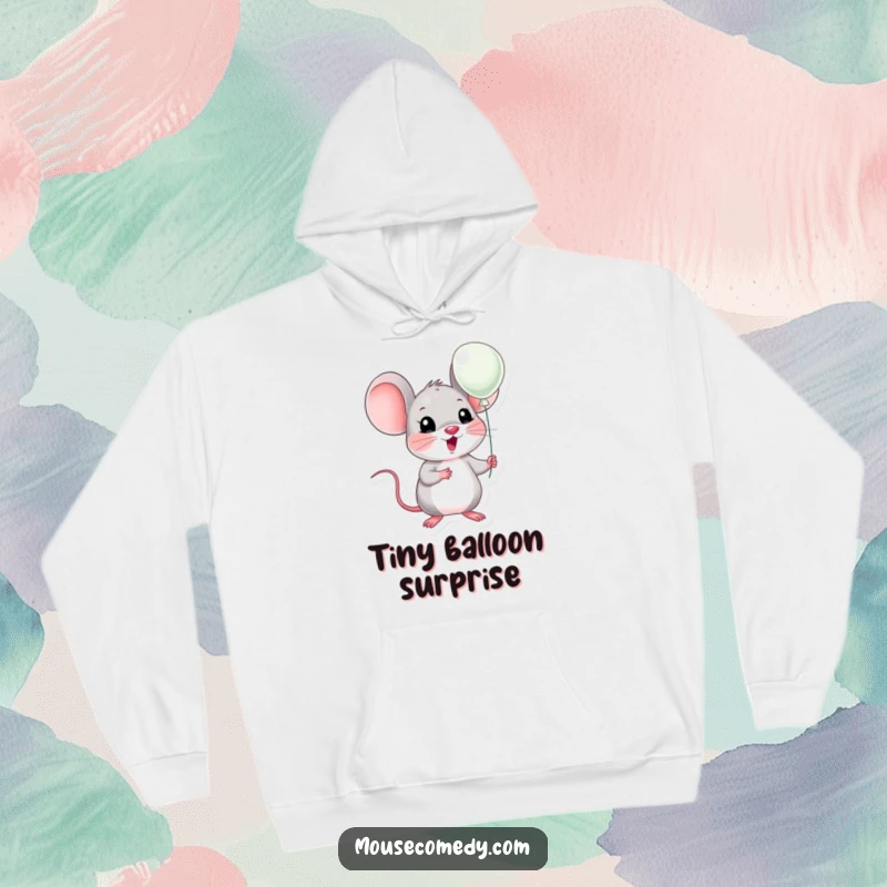 Funny kawaii mouse with exaggerated surprise, holding a tiny balloon, radiating happiness. Cozy and funny gift.