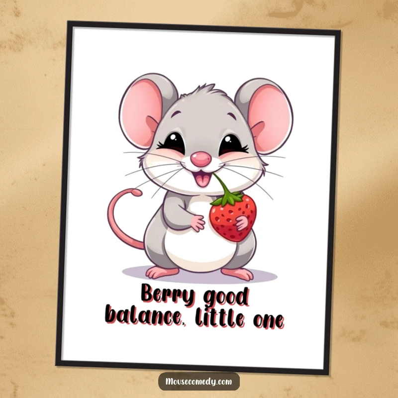 Funny Free Printable Wall Art: A giggling mouse skillfully balancing a single berry on the tip of its nose.