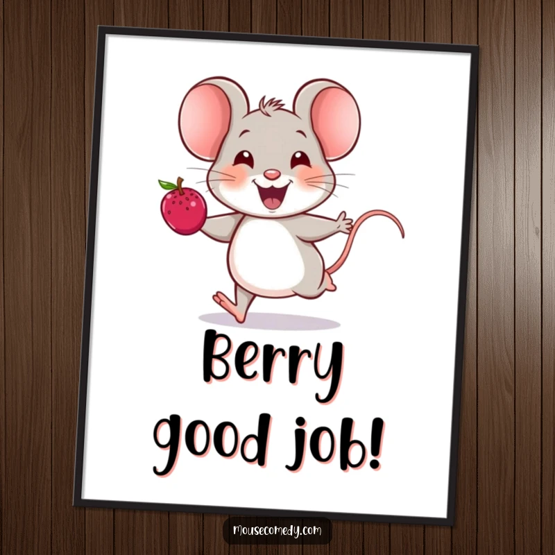 Funny Free Printable Wall Art: A cheerful mouse with a big smile runs with a vibrant berry in a joyful artwork.