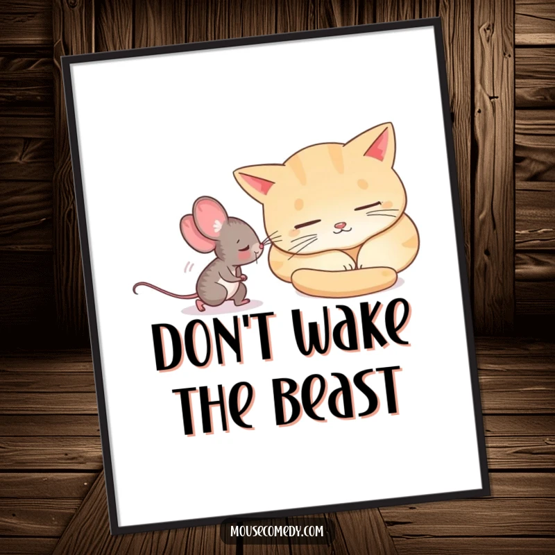 Funny Free Printable Wall Art: A curious mouse tiptoeing past a big, sleeping cat, a moment of hilarious tension.