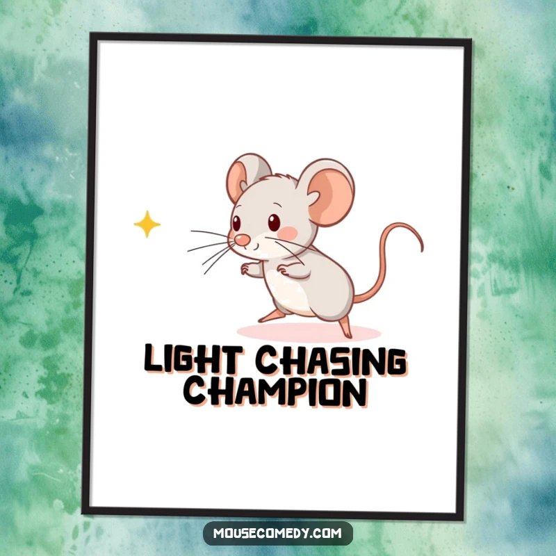 Charming free printable wall art of a kawaii mouse enthusiastically chasing a bright, whimsical beam of light.