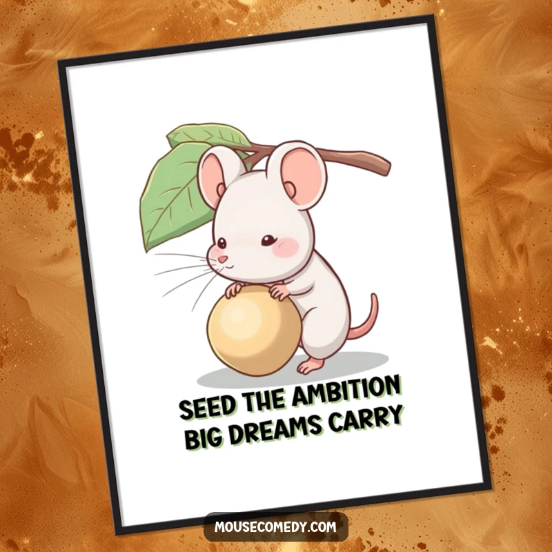 Funny Free Printable Wall Art depicting a small mouse straining to carry a comically large seed, symbolizing perseverance and effort.