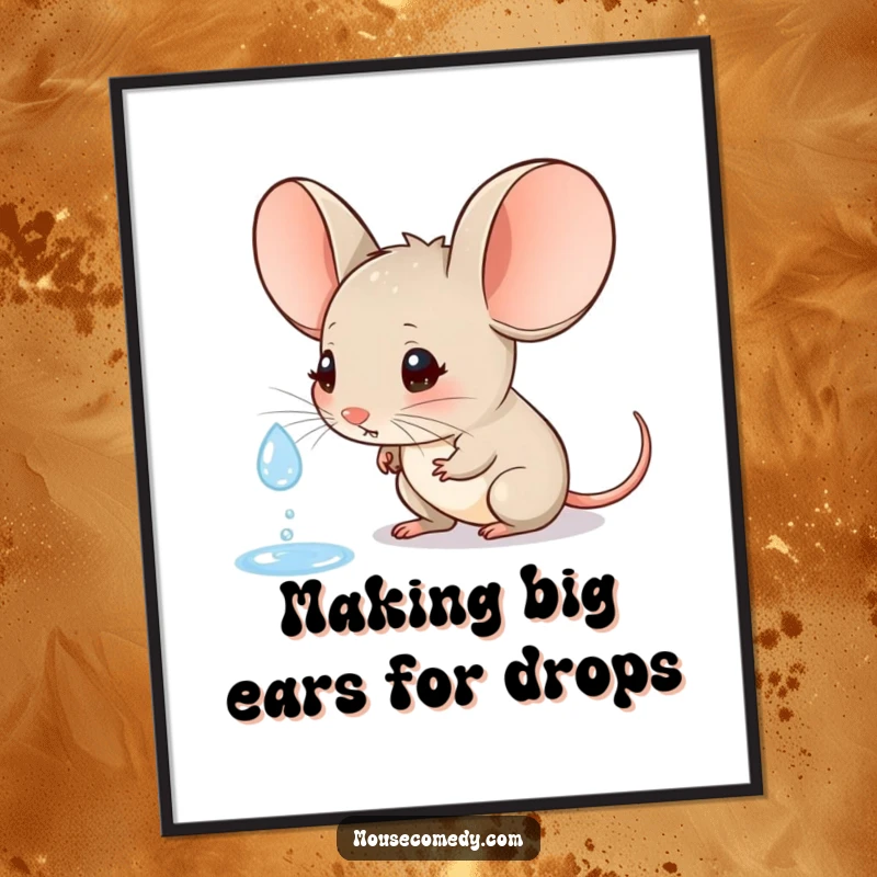 Funny Free Printable Wall Art: A little mouse with large ears curiously watching a single raindrop, adding calm to your wall.
