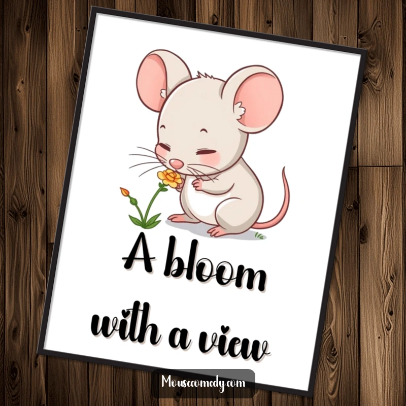 Funny Free Printable Wall Art: A detailed illustration of a cute mouse explorer, curiously sniffing a small, vibrant flower in a meadow.