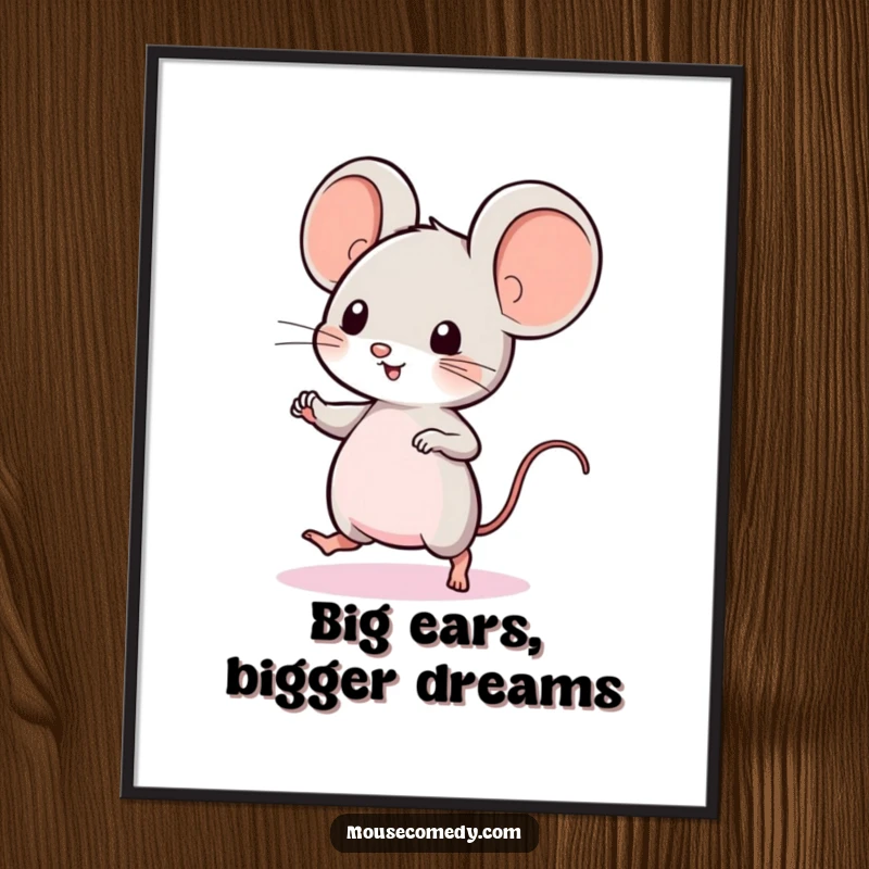 Funny Free Printable Wall Art: A cute kawaii mouse with prominent big ears energetically performs a happy, quick little dance. Charming and sweet.